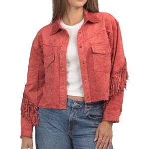 BLANKNYC Red Orange Western Fringe Faux Suede Jacket